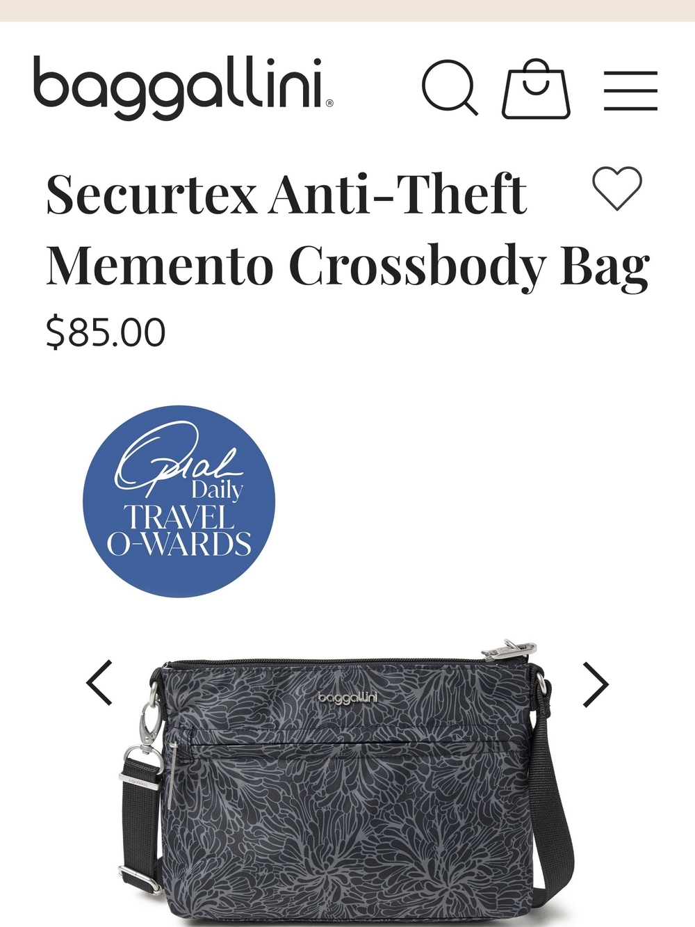 Baggallini Black Gray Floral Travel Pouch
Securtex Anti-Theft Memento Crossbody - Picture 9 of 11